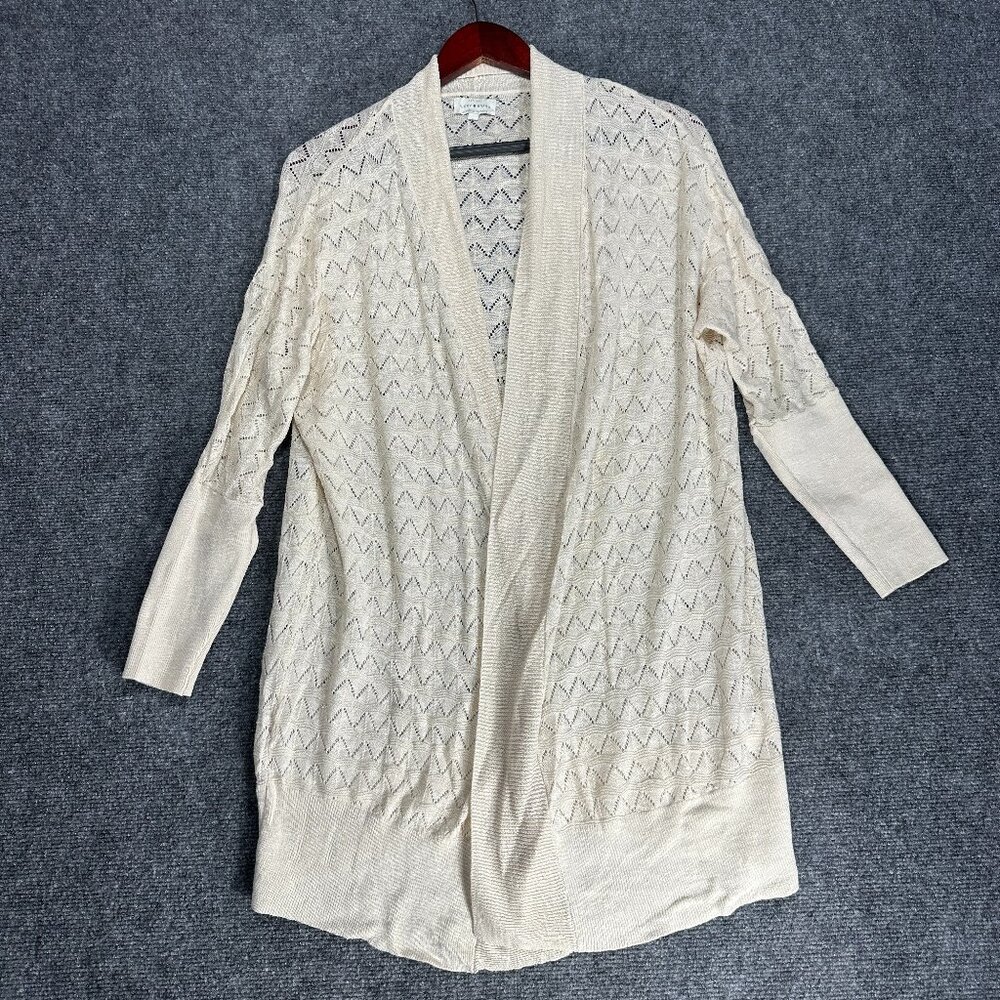 Lucky Brand Sweater Womens Small Cardigan Open Knit Beige Linen Blend 3/4 Sleeve